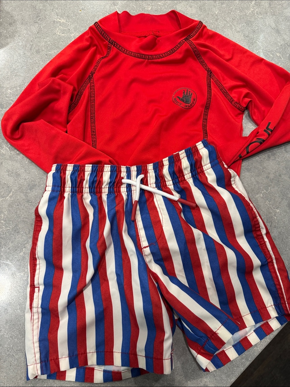 Body Glove Red Rash Guard with Red, White & Blue Striped Swim Shorts